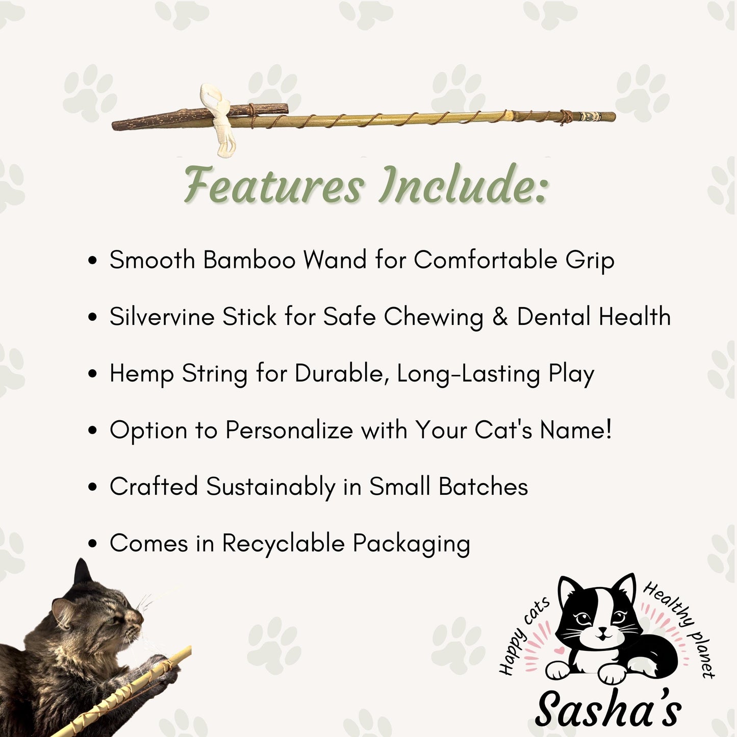 Bamboo Wand Cat Toy with Hemp Rope & Chewable Silvervine Stick - Non-Toxic, Safe, Durable, Eco-Friendly Interactive Toy for Cats